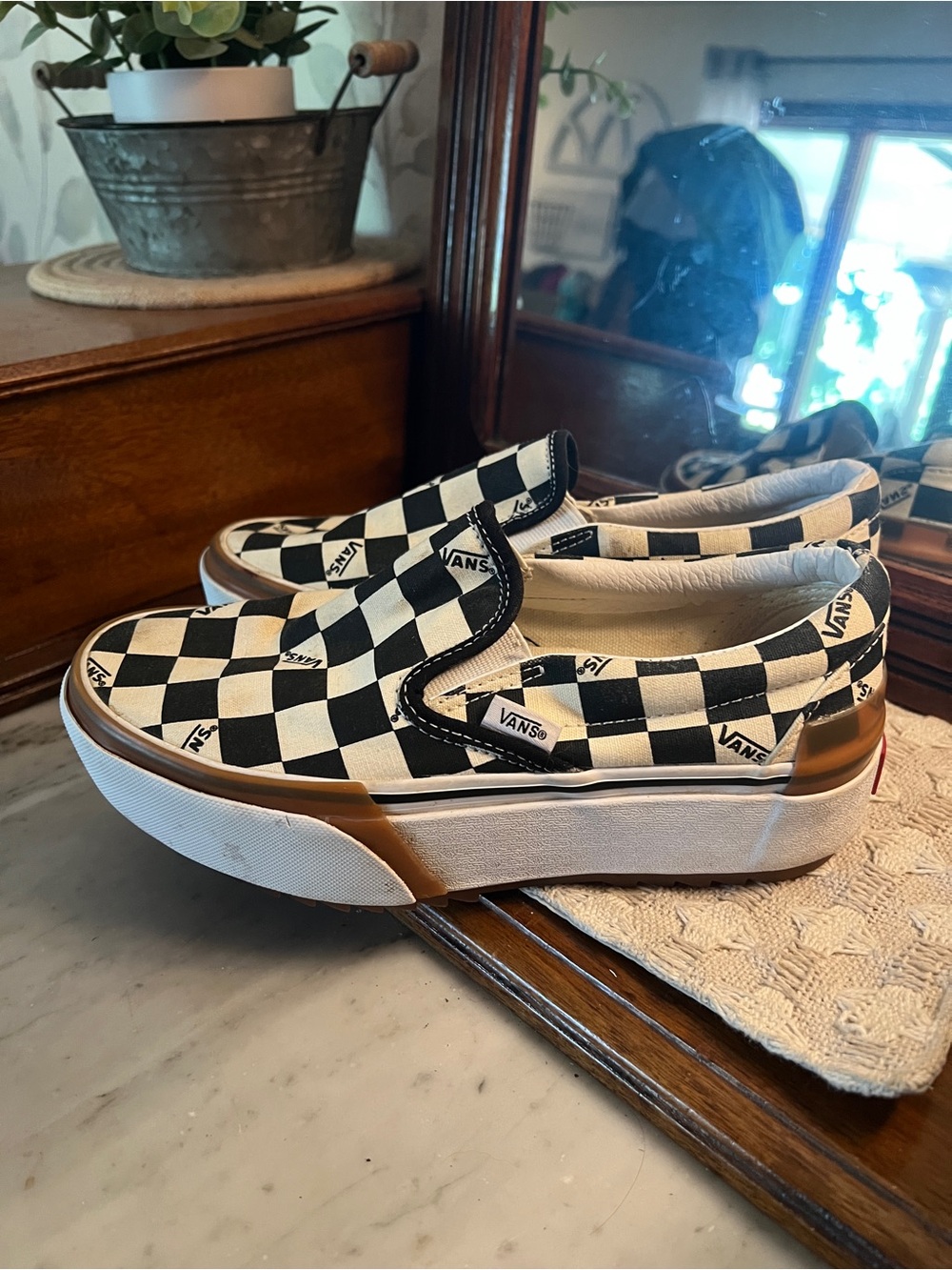 VANS Classic Checkerboard Stacked Platform Slip On Sneakers Black White Size 6.5 - Picture 4 of 8